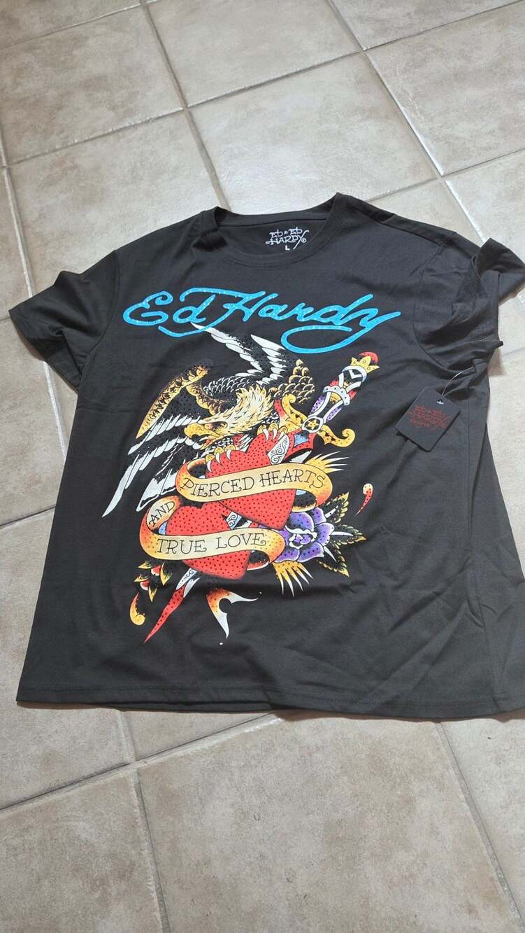 Ed Hardy Pierced Hearts & True Love Rhinestone Eagle Dagger Unisex  Gray Size L